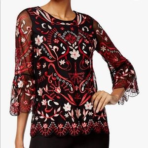 ALFANI •Floral Long Ruffle Sleeve Mesh Blouse | Sz S